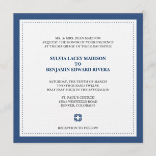 Navy border square traditional wedding invitation