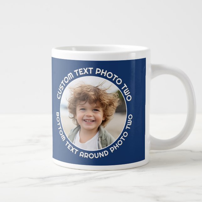 Navy Border with 2 Photos - Text around a Circle Large Coffee Mug (Right)
