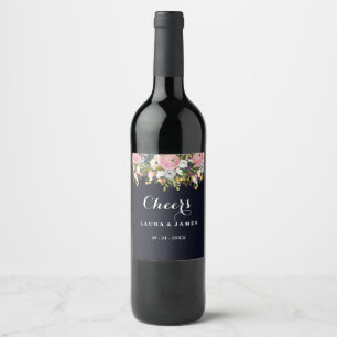 Navy Botanical Cheers Wedding Wine Label