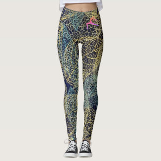 Navy Botanical Leaf Print Leggings in Gold & Teal