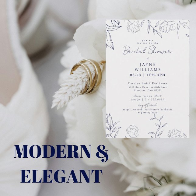 Navy Botanical Line Art Bridal Shower Invitation (Creator Uploaded)