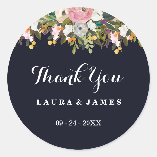 Navy Botanical Thank You Wedding Sticker (Front)