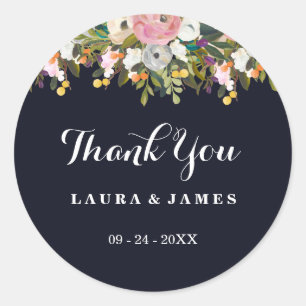 Navy Botanical Thank You Wedding Sticker