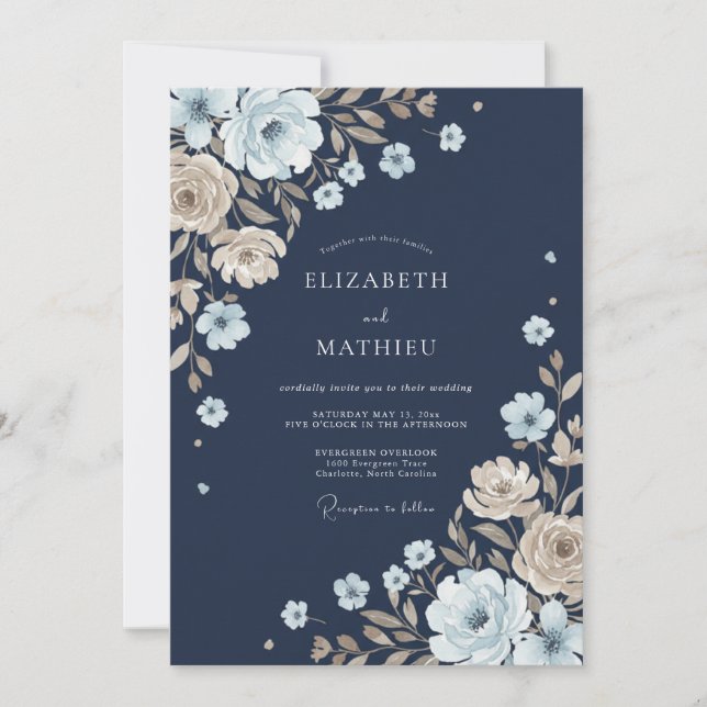 Navy Botanical Whimsy Wedding Invitation (Front)