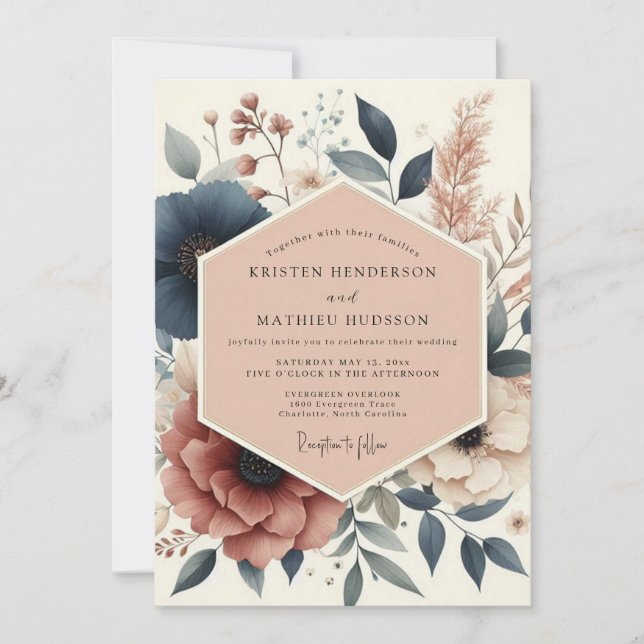 Navy Botanical Woodland Wedding Invitation (Front)