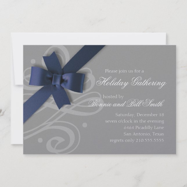 Navy Bow Any Colour Background Holiday Invitation (Front)