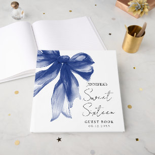 Navy Bow Coquette Script Sweet 16 Party Guest Book