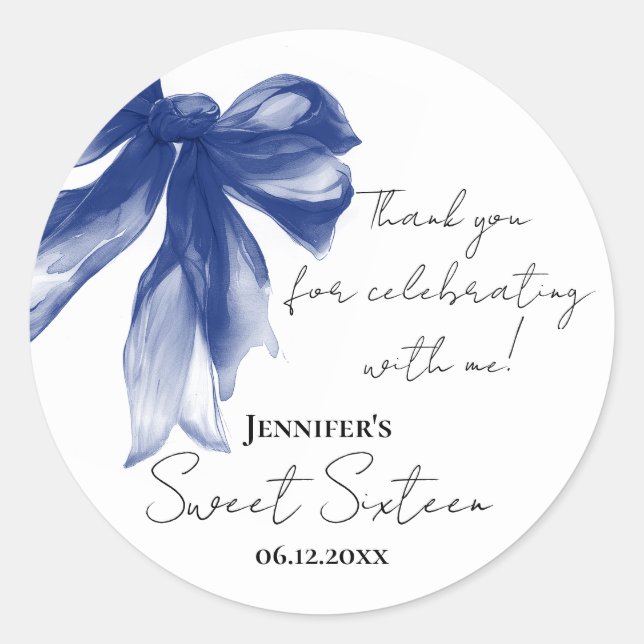 Navy Bow Coquette Script Sweet 16 Thank You  Classic Round Sticker (Front)