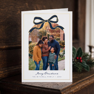 Navy Bow Design Merry Christmas Family Photo Foil Holiday Card