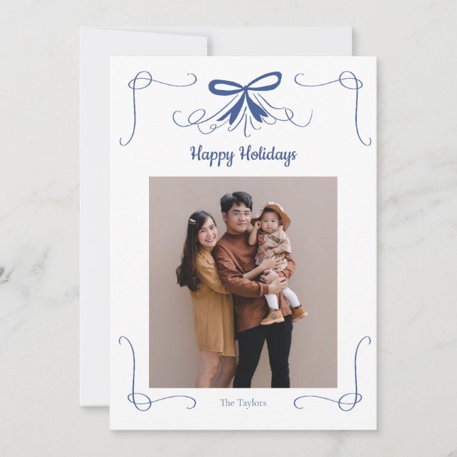 Navy Bow Ribbon Christmas Holiday Photo Card (Front)