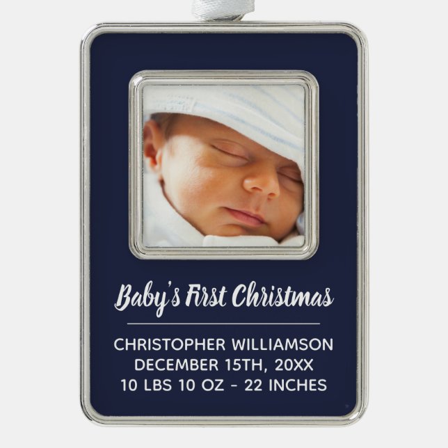 Navy Boy Baby's First Christmas Holiday Photo Silver Plated Framed Ornament (Front)