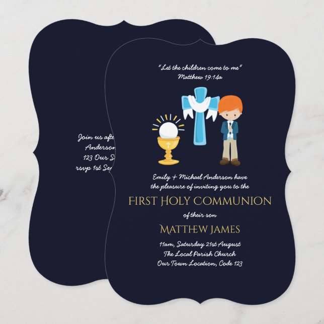 Navy BOYS First Holy Communion Invitations (Front/Back)