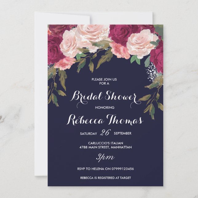 Navy bridal shower invitation burgundy pink floral (Front)
