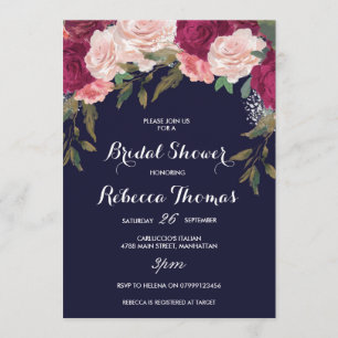 Navy bridal shower invitation burgundy pink floral