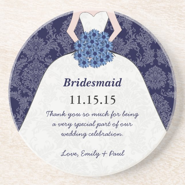 Navy Bridesmaid Wedding Gown Coasters (Front)