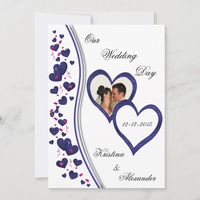 Navy &Bright Pink Hearts Wedding Photo Invitations (Front)