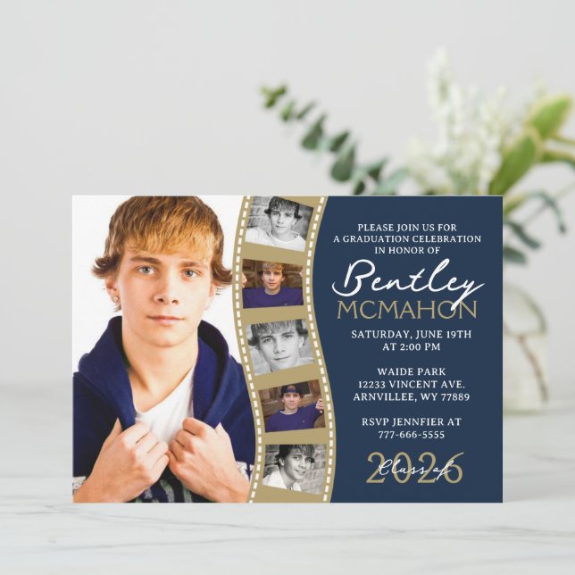 Navy & Bronze 6 Photo Filmstrip Graduation Collage Invitation (Standing Front)