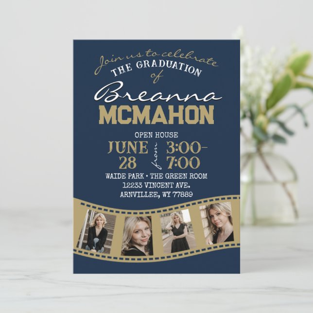 Navy & Bronze Gold Filmstrip 5 Photo Graduation Invitation (Standing Front)