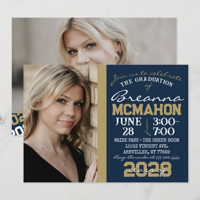 Navy & Bronze Gold Graduation 2 Photo Invitation (Front/Back)