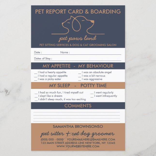 Navy Brown Cute Dog Cat Logo Report Boarding (Front)
