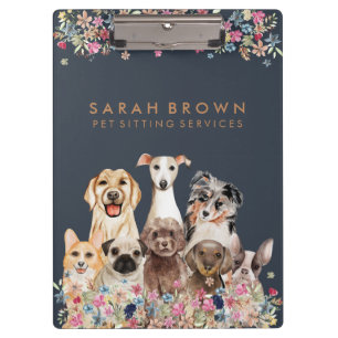 Navy Brown Cute Dog Groomer Small Business flowers Clipboard