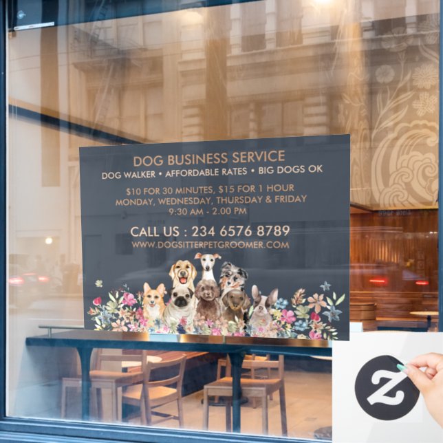 Navy Brown Dog Walker Service Pet Groomer large Window Cling (Cafe Window)