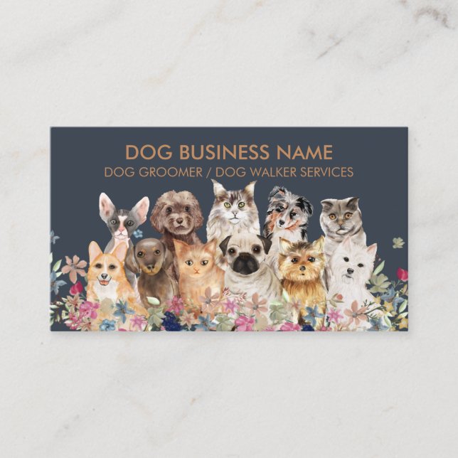 Navy Brown Dogs Cats Breeds Drawing Business Card (Front)