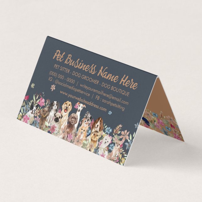 Navy Brown Floral Dog Walker Pet Groom Salon Vet Business Card (Front)