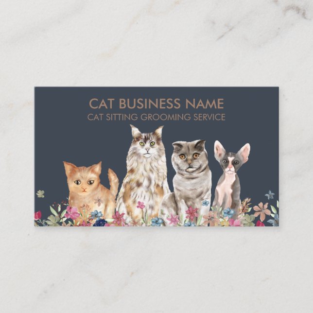 Navy Brown Handdrawing Portrait of Multiple Cats Business Card (Front)