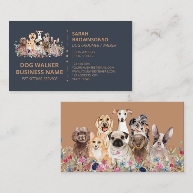Navy Brown Online Dog Walking Service Boutique Pet Business Card (Front/Back)