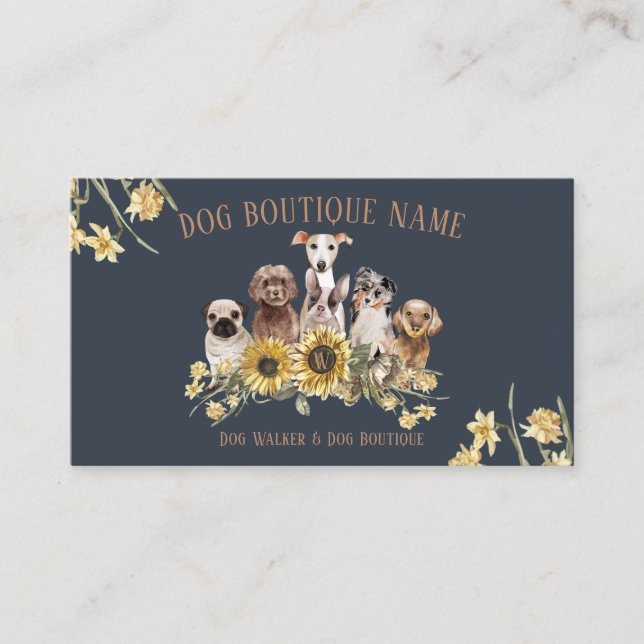 Navy Brown Pet Sitter Sunflower Dogs Business Card (Front)
