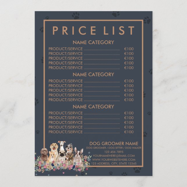 Navy Brown PetSitter dog veterinary Price List Menu (Front)