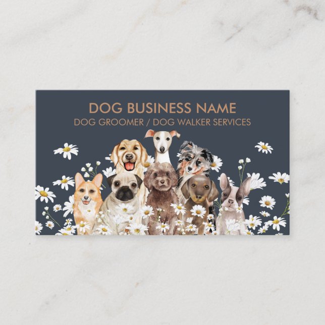 Navy Brown Pups Daisy Flower Dog Groomer Pet Business Card (Front)