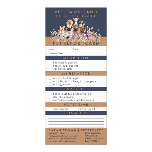 Navy Brown Tone Pet Report Boarding Cute Dogs Rack Card (Front)