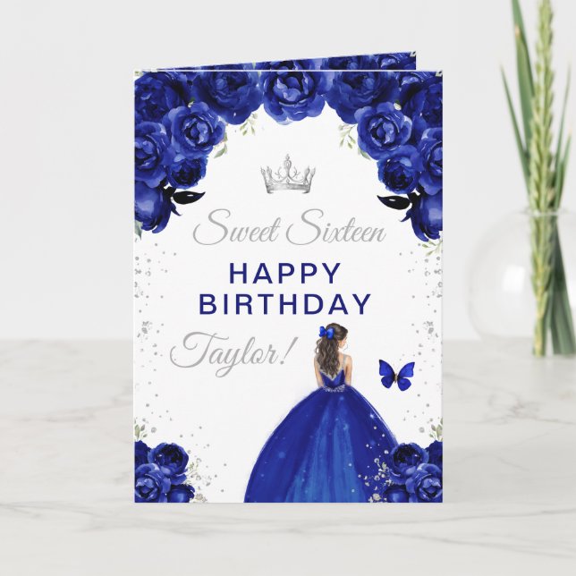 Navy Brunette Hair Girl Sweet Sixteen Birthday Card (Front)