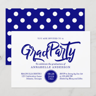 Navy brush typography polka dots graduation party invitation