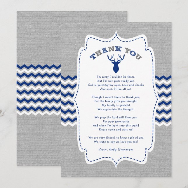 Navy Buck Baby Shower thank you note + poem Invitation (Front/Back)