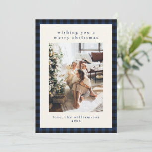 Navy Buffalo Plaid Christmas Family Photo Vertical Holiday Card