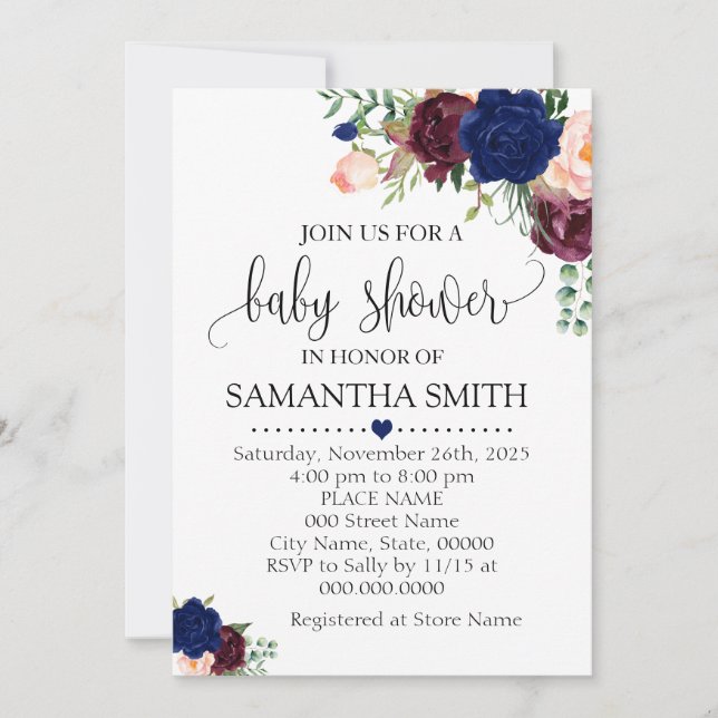 Navy Burgudy floral romantic boho baby shower Invitation (Front)