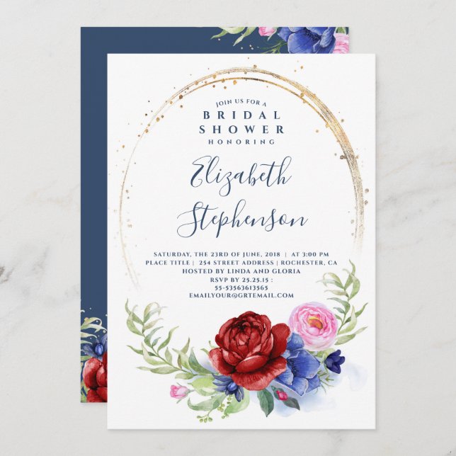 Navy Burgundy and Blush Floral Boho Bridal Shower Invitation (Front/Back)