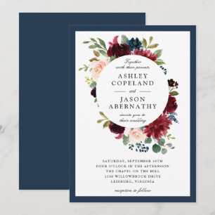 Navy, Burgundy and Blush Framed Floral Wedding Invitation