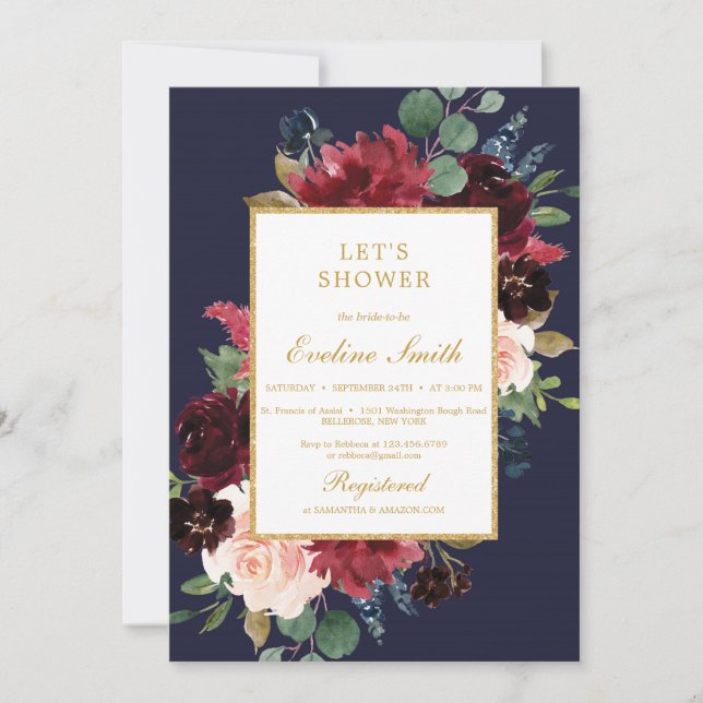 Navy burgundy and blush pink floral with gold invitation (Front)