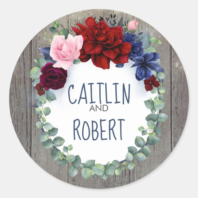 Navy Burgundy and Blush Rustic Country Wedding Classic Round Sticker (Front)