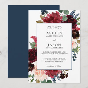 Navy, Burgundy and Blush Watercolor Floral Wedding Invitation