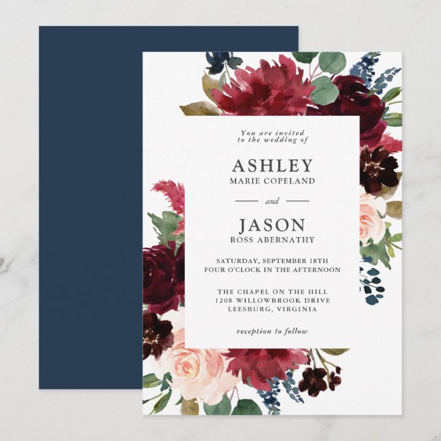Navy, Burgundy and Blush Watercolor Floral Wedding Invitation (Front/Back)