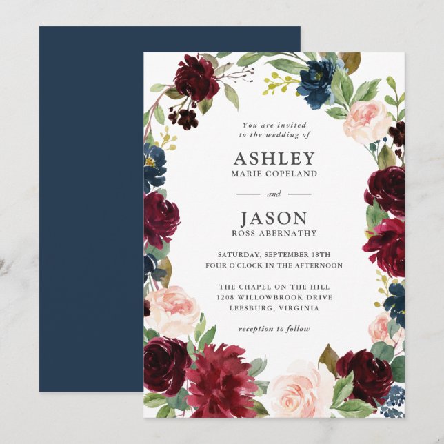 Navy, Burgundy and Blush Watercolor Floral Wedding Invitation (Front/Back)