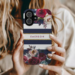 Navy Burgundy and Gold Boho Floral Stripe Monogram<br><div class="desc">Custom monogrammed phone cases personalised with your name or other text. This trendy boho design features a watercolor floral border in rustic fall colours on a navy and white striped background with faux gold foil accent. Use the design tools to choose any background colour, change text fonts and colours or...</div>