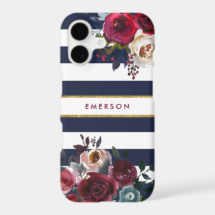 Navy Burgundy and Gold Boho Floral Stripe Monogram