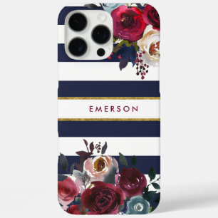 Navy Burgundy and Gold Boho Floral Stripe Monogram iPhone 16 Pro Max Case