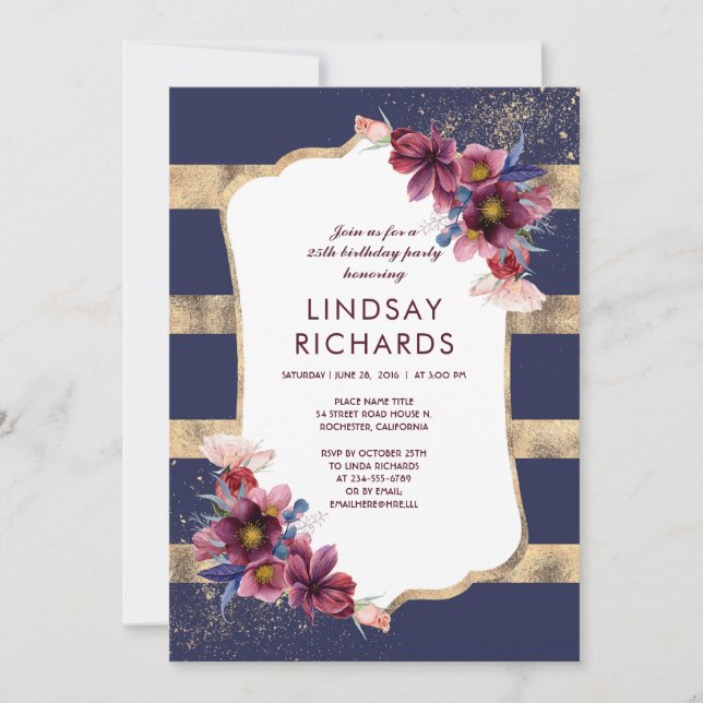 Navy Burgundy and Gold Floral Birthday Party Invitation (Front)